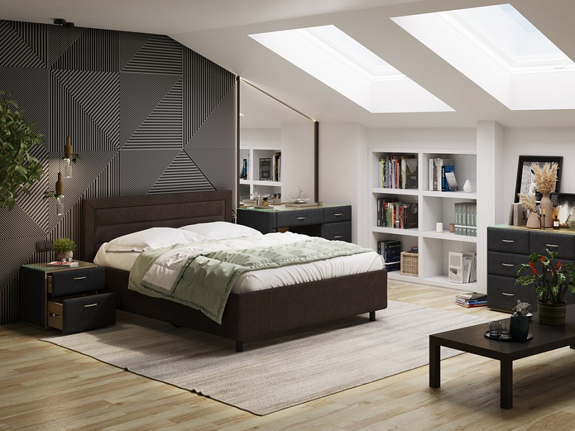 Кровать Next Life 2 200x200 Экокожа Черный с белым - Cтильная модель в стиле минимализм с горизонтальными строчками