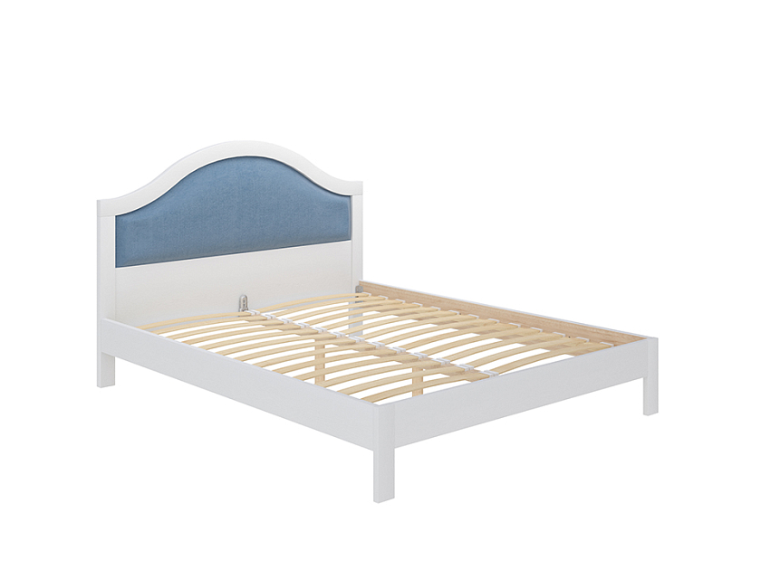 Кровать Ontario 160x200 Ткань/Массив Тетра Голубой/Белая эмаль (сосна) - Уютная кровать из массива с мягким изголовьем